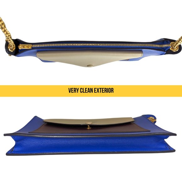 Celine Tri-Color Blue Leather Envelope Pocket Clutch on a Gold Chain - Picture 7 of 14